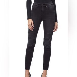 Good American sz 24 Good Waist Black Skinny Jean Zip Fly Corded Detail Knee Moto